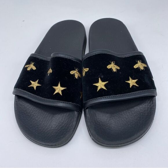 Gucci Women’s Velvet Black Bee and Star Embroidered Slides size 37 - Picture 1 of 6